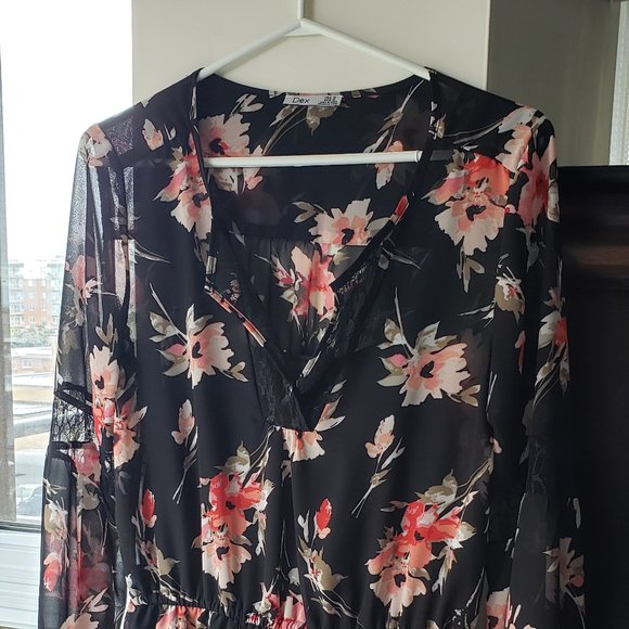 Dex Black Floral Fit-and-Flare Long-Sleeved Midi Boho Dress, S/M - Picture 2 of 16